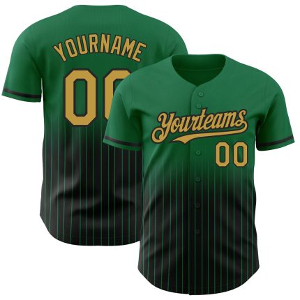 Custom Name and Number Authentic Fade Fashion Baseball Jersey - Kelly Green Pinstripe Old Gold-Black Personalized Kelly Green