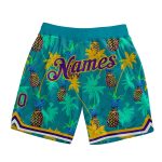Custom Basketball Shorts with Palm Trees and Pineapples - Kelly Green & Purple-Gold 3D Pattern, Personalized Name & Number