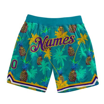 Custom Basketball Shorts with Palm Trees and Pineapples - Kelly Green & Purple-Gold 3D Pattern, Personalized Name & Number