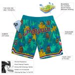 Custom Basketball Shorts with Palm Trees and Pineapples - Kelly Green & Purple-Gold 3D Pattern, Personalized Name & Number