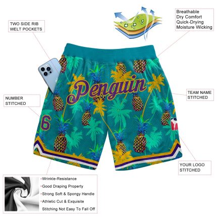 Custom Basketball Shorts with Palm Trees and Pineapples - Kelly Green & Purple-Gold 3D Pattern, Personalized Name & Number