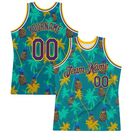 Custom Hawaii Palm Trees Pineapples Basketball Jersey with Personalized Name and Number - Kelly Green Purple-Gold 3D Pattern