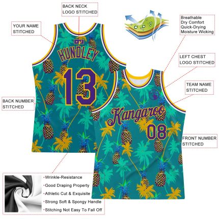 Custom Hawaii Palm Trees Pineapples Basketball Jersey with Personalized Name and Number - Kelly Green Purple-Gold 3D Pattern