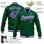 Custom Varsity Letterman Jacket with Name & Number - Personalized Kelly Green Purple-White Bomber Full-Snap Design Personalized