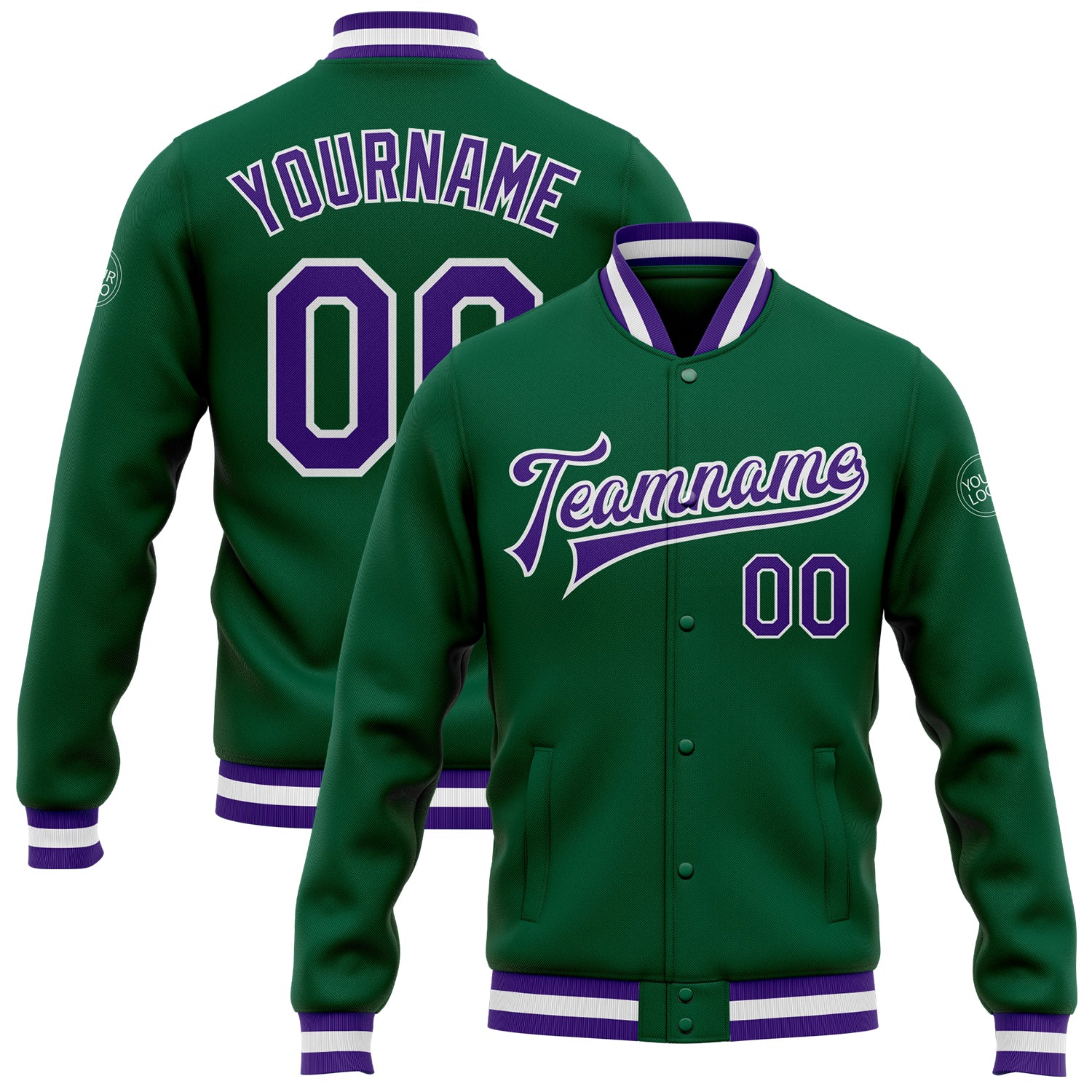 Custom Varsity Letterman Jacket with Name & Number - Personalized Kelly Green Purple-White Bomber Full-Snap Design Personalized