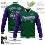 Custom Team Name Number Bomber Varsity Jacket Kelly Green Purple White Full-Snap Two-Tone Personalized Kelly Green Purple-White