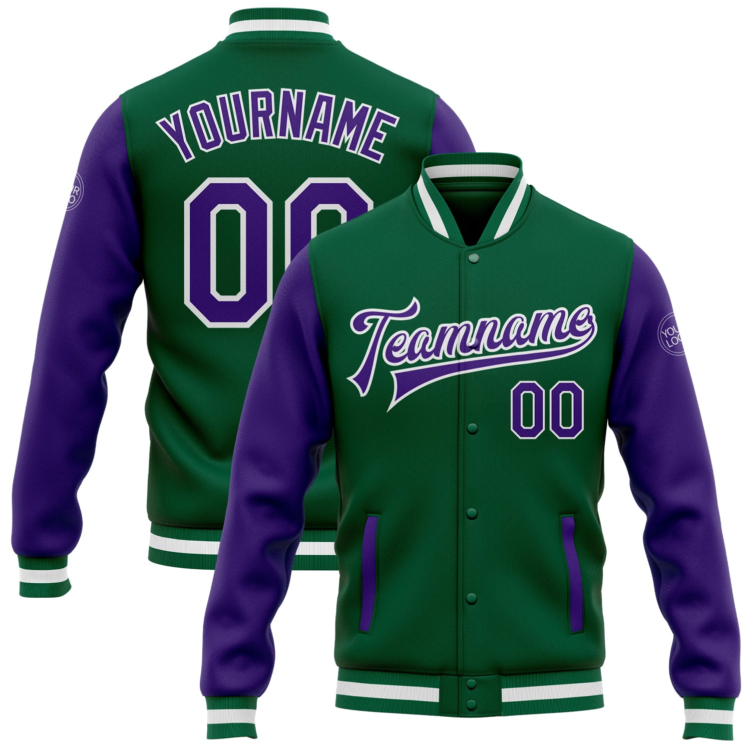 Custom Team Name Number Bomber Varsity Jacket Kelly Green Purple White Full-Snap Two-Tone Personalized Kelly Green Purple-White