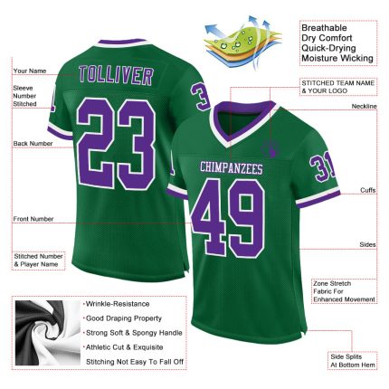 Custom Name & Number Throwback Football Jersey - Personalized Kelly Green Purple-White Mesh Personalized Kelly Green Purple-White