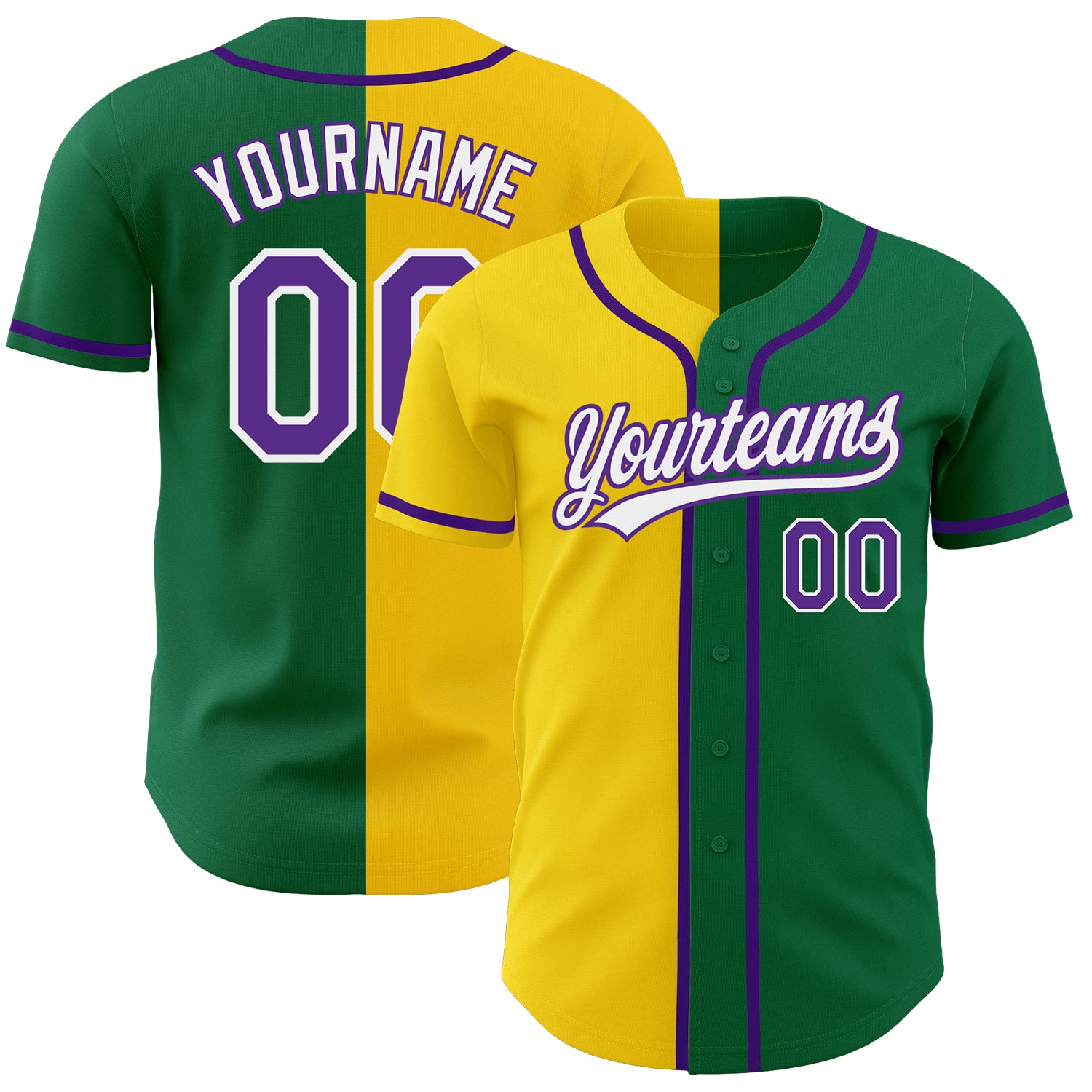 Custom Name Number Authentic Split Baseball Jersey Kelly Green Purple Yellow Personalized Kelly Green Purple-Yellow Authentic