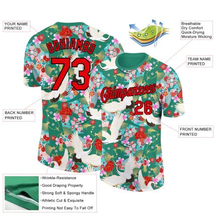 Custom Name and Number Animal Crane Performance T-Shirt in Kelly Green and Red-Black 3D Pattern Design Personalized Kelly
