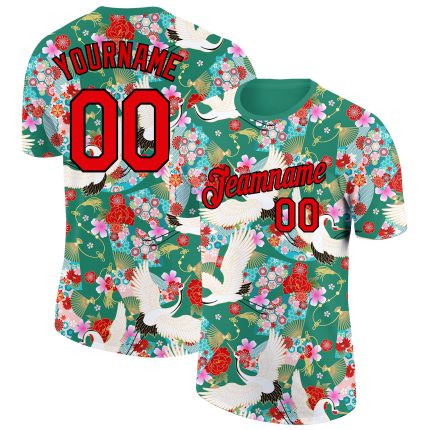 Custom Name and Number Animal Crane Performance T-Shirt in Kelly Green and Red-Black 3D Pattern Design Personalized Kelly