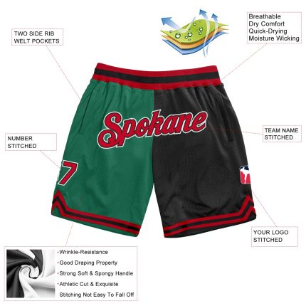 Custom Team Basketball Shorts Personalized with Name and Number, Kelly Green Red-Black Authentic Throwback Style Personalized