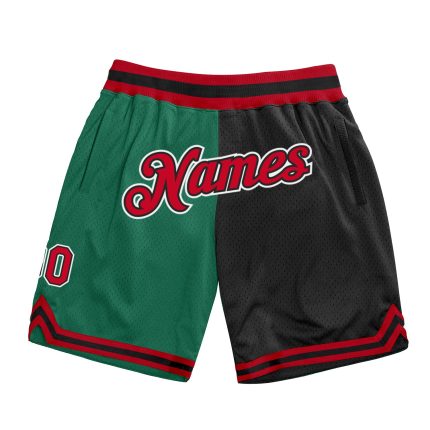 Custom Team Basketball Shorts Personalized with Name and Number, Kelly Green Red-Black Authentic Throwback Style Personalized