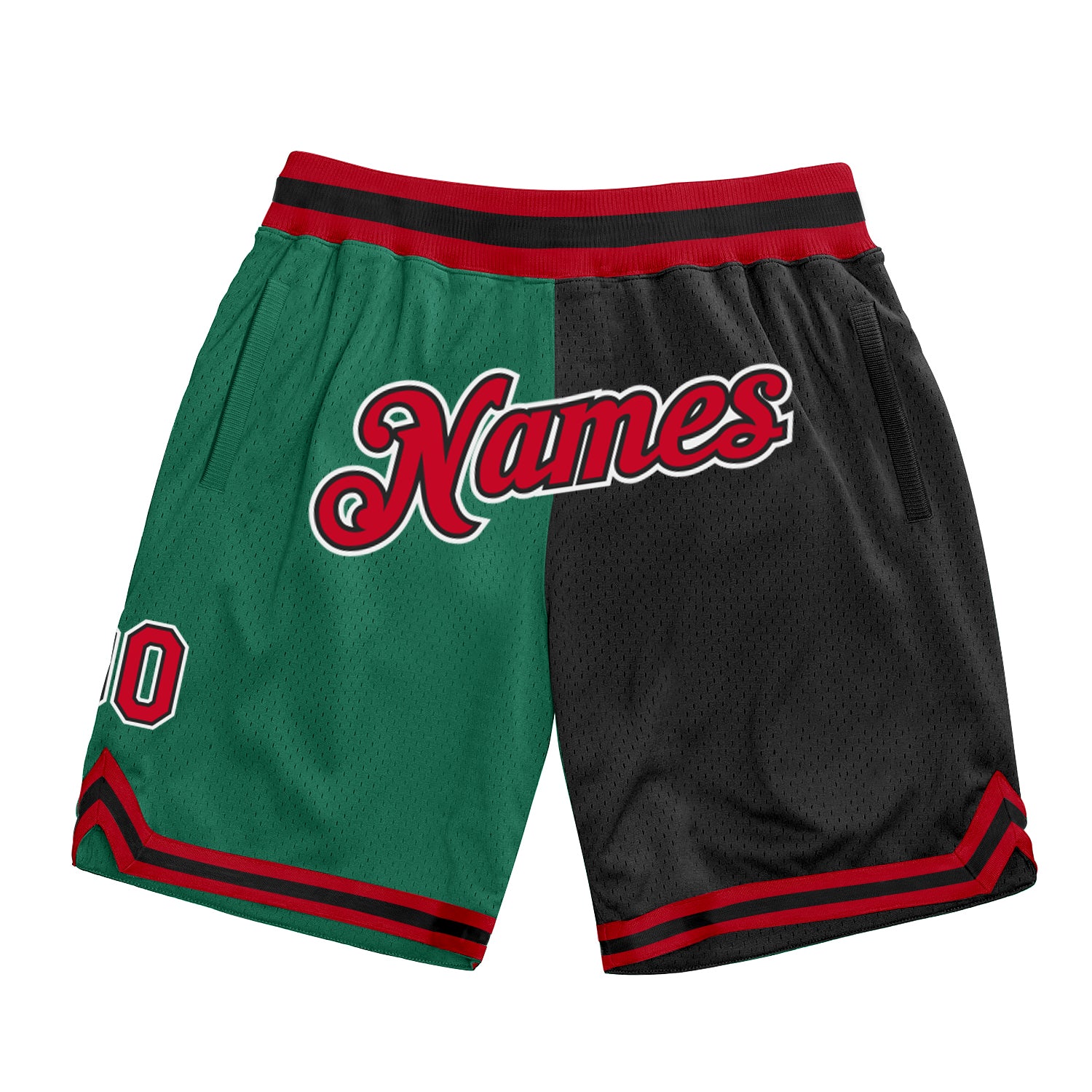 Custom Team Basketball Shorts Personalized with Name and Number, Kelly Green Red-Black Authentic Throwback Style Personalized