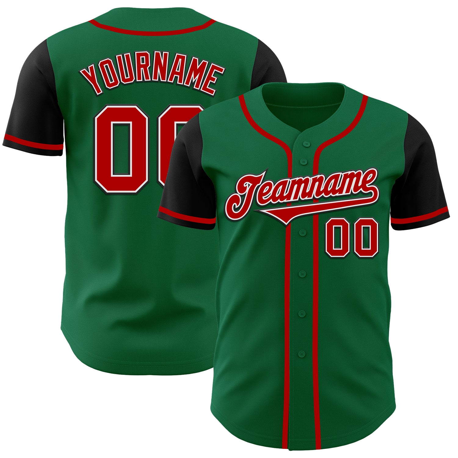 Custom Two-Tone Baseball Jersey with Personalized Name and Number - Kelly Green, Red, Black Authentic Design Personalized