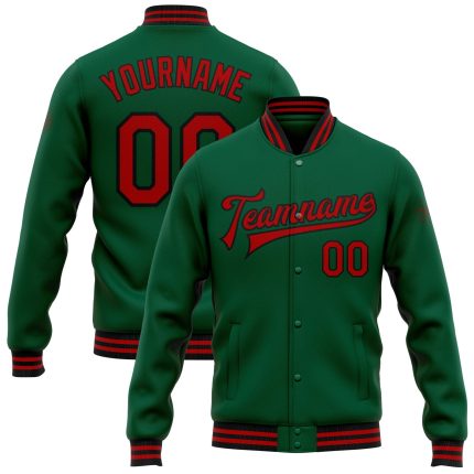 Personalized Varsity Letterman Jacket in Kelly Green, Red, and Black - Full-Snap Bomber Style Personalized Kelly Green Red-Black