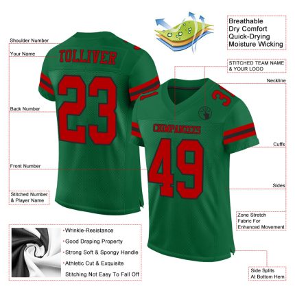 Custom Name and Number Personalized Football Jersey - Authentic Red-Black Mesh, Kelly Green Team Colors Personalized Kelly