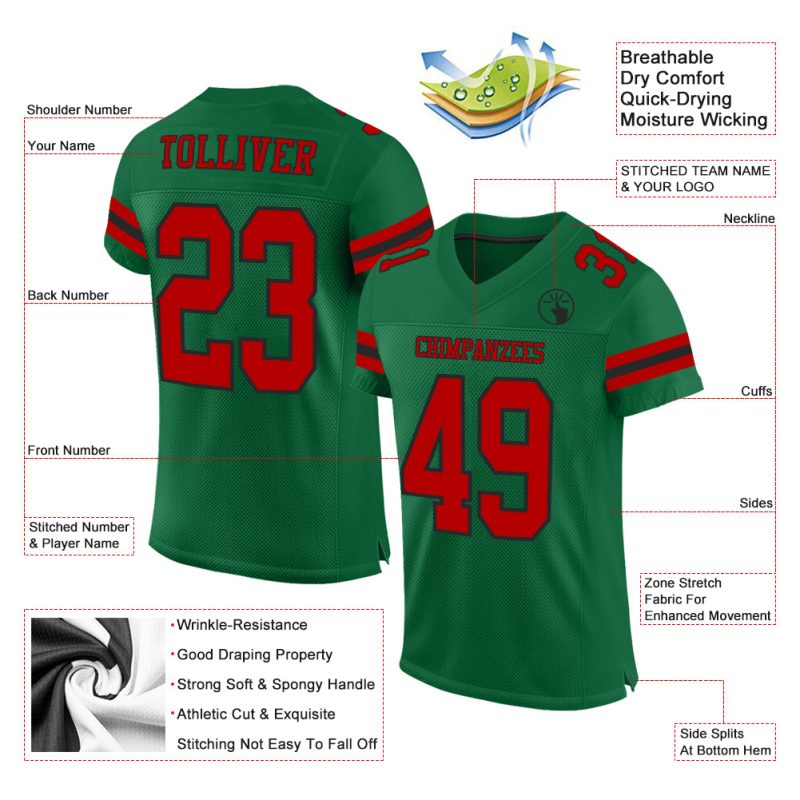 Custom Name and Number Personalized Football Jersey - Authentic Red-Black Mesh, Kelly Green Team Colors Personalized Kelly