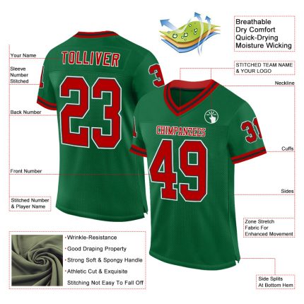 Custom Name Number Authentic Football Jersey in Kelly Green Red-Black Mesh - Personalized Team Apparel Personalized Kelly