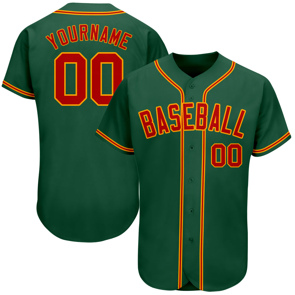 Personalized Red-Gold Authentic Baseball Jersey in Kelly Green - Customizable Team Apparel Personalized Kelly Green Red-Gold