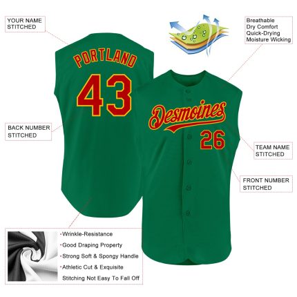 Custom Name and Number Authentic Sleeveless Baseball Jersey in Kelly Green Red-Gold Personalized Kelly Green Red-Gold Authentic