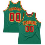 Customizable Kelly Green Red-Gold Basketball Jersey with Name and Number - Authentic Throwback Style Personalized Kelly Green