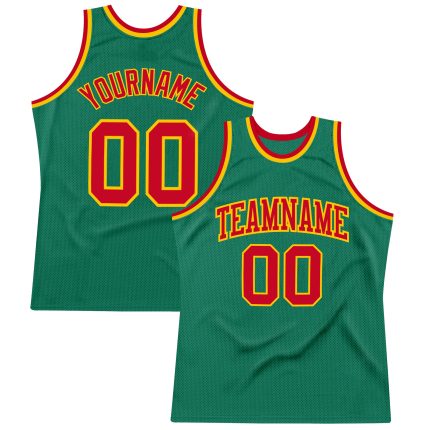 Customizable Kelly Green Red-Gold Basketball Jersey with Name and Number - Authentic Throwback Style Personalized Kelly Green