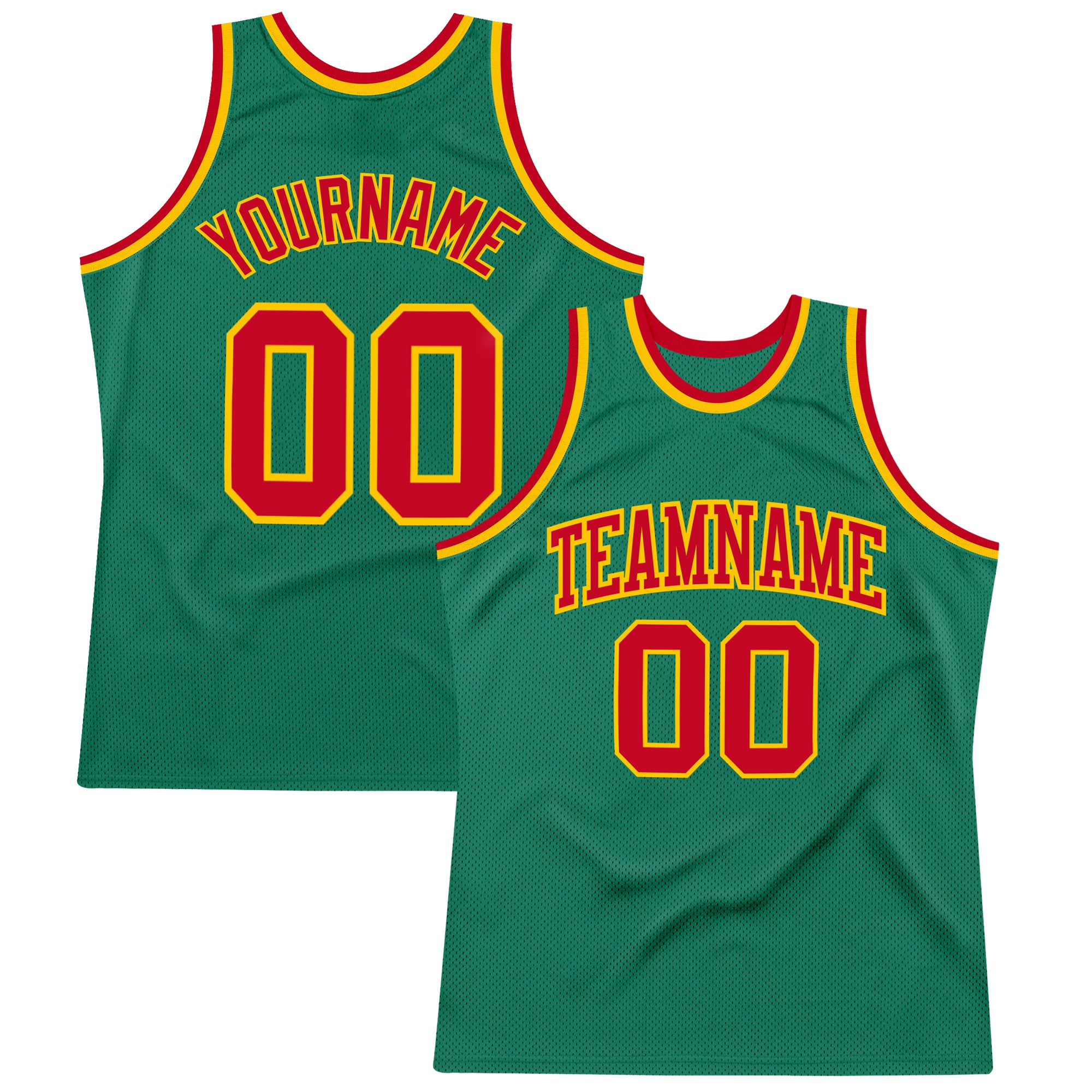 Customizable Kelly Green Red-Gold Basketball Jersey with Name and Number - Authentic Throwback Style Personalized Kelly Green