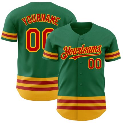 Custom Name and Number Authentic Baseball Jersey in Kelly Green with Red-Gold Lines - Personalized Team Apparel Personalized
