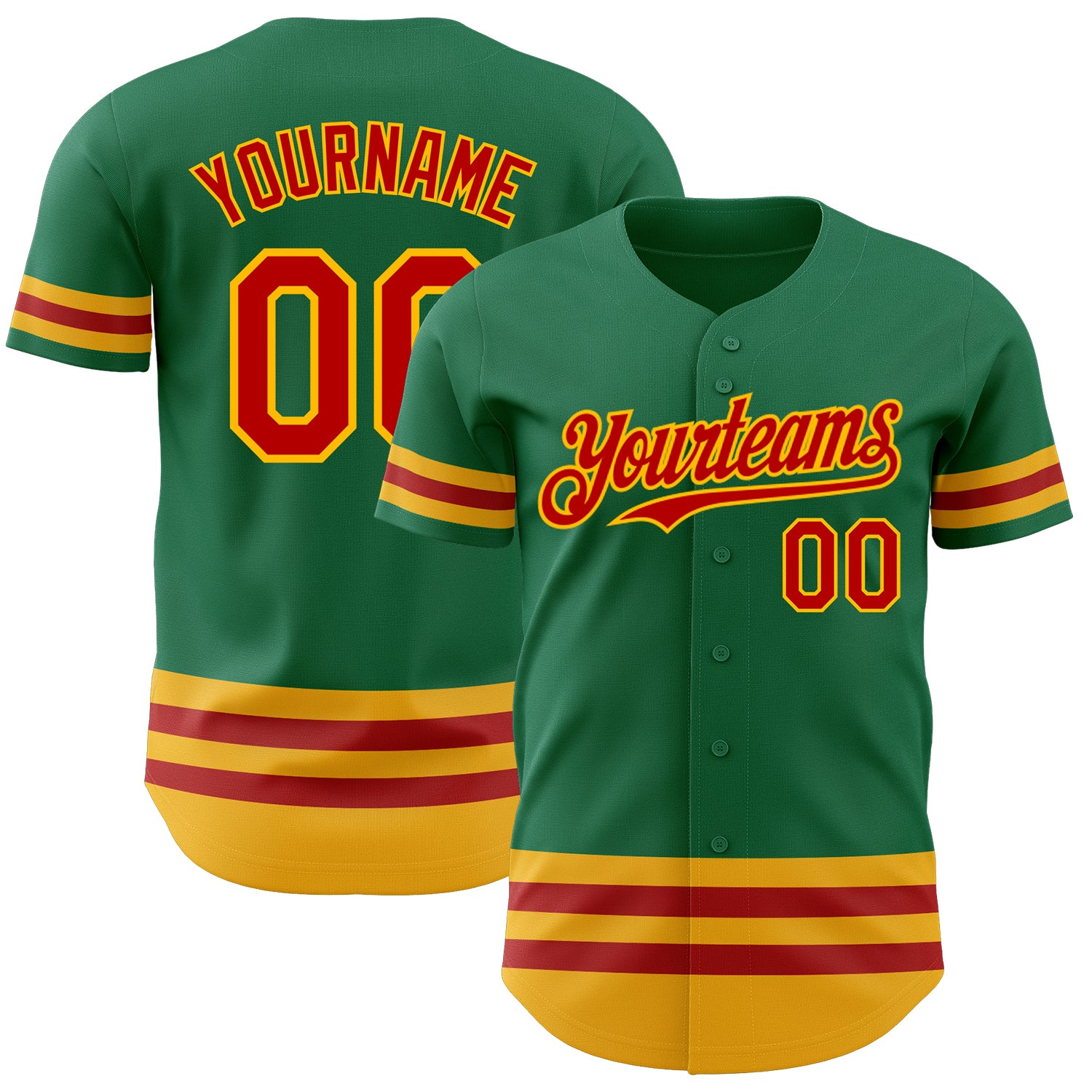 Custom Name and Number Authentic Baseball Jersey in Kelly Green with Red-Gold Lines - Personalized Team Apparel Personalized