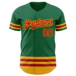 Custom Name and Number Authentic Baseball Jersey in Kelly Green with Red-Gold Lines - Personalized Team Apparel Personalized