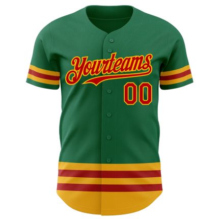 Custom Name and Number Authentic Baseball Jersey in Kelly Green with Red-Gold Lines - Personalized Team Apparel Personalized