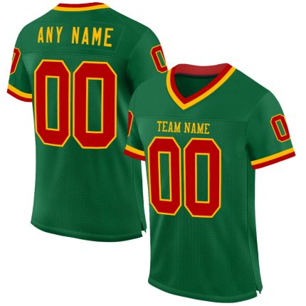 Custom Name and Number Football Jersey - Authentic Throwback in Kelly Green with Red-Gold Mesh Design Personalized Kelly