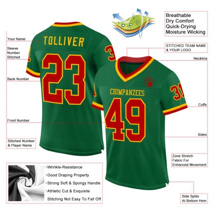 Custom Name and Number Football Jersey - Authentic Throwback in Kelly Green with Red-Gold Mesh Design Personalized Kelly
