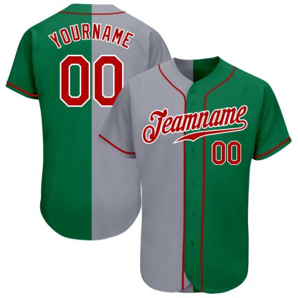 Custom Name and Number Authentic Baseball Jersey in Kelly Green, Red, and Gray - Fashion Team Split Jersey Personalized Kelly