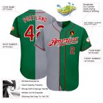 Custom Name and Number Authentic Baseball Jersey in Kelly Green, Red, and Gray - Fashion Team Split Jersey Personalized Kelly