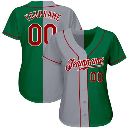 Custom Name and Number Authentic Baseball Jersey in Kelly Green, Red, and Gray - Fashion Team Split Jersey Personalized Kelly