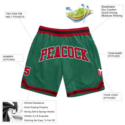Custom Name and Number Authentic Basketball Shorts in Kelly Green with Red-Black Pinstripe Personalized Kelly Green Red Pinstripe