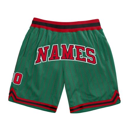 Custom Name and Number Authentic Basketball Shorts in Kelly Green with Red-Black Pinstripe Personalized Kelly Green Red Pinstripe