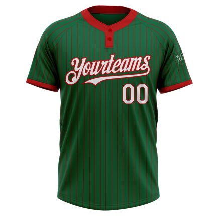 Custom Name and Number Kelly Green Red Pinstripe Two-Button Unisex Softball Jersey Personalized Kelly Green Red Pinstripe