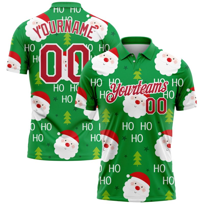 Custom Name Number 3D Santa Claus Performance Golf Polo Shirt - Personalized Kelly Green Red-White Design Personalized Kelly
