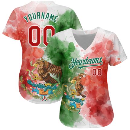 Personalized 3D Mexican Flag Baseball Jersey with Red-White Watercolor Grunge Design in Kelly Green Personalized Kelly Green