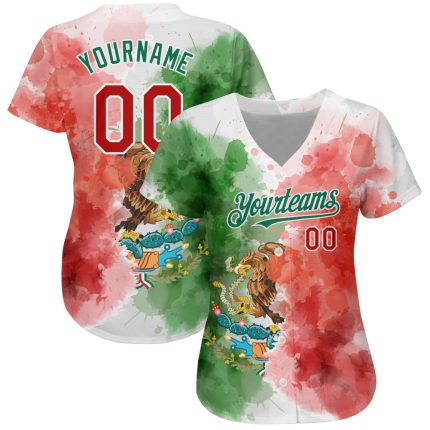 Custom Name and Number 3D Mexican Flag Baseball Jersey - Kelly Green Red-White Watercolor Splash Design Authentic Team Apparel