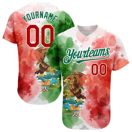 Custom Name and Number 3D Mexican Flag Baseball Jersey - Kelly Green Red-White Watercolor Splash Design Authentic Team Apparel