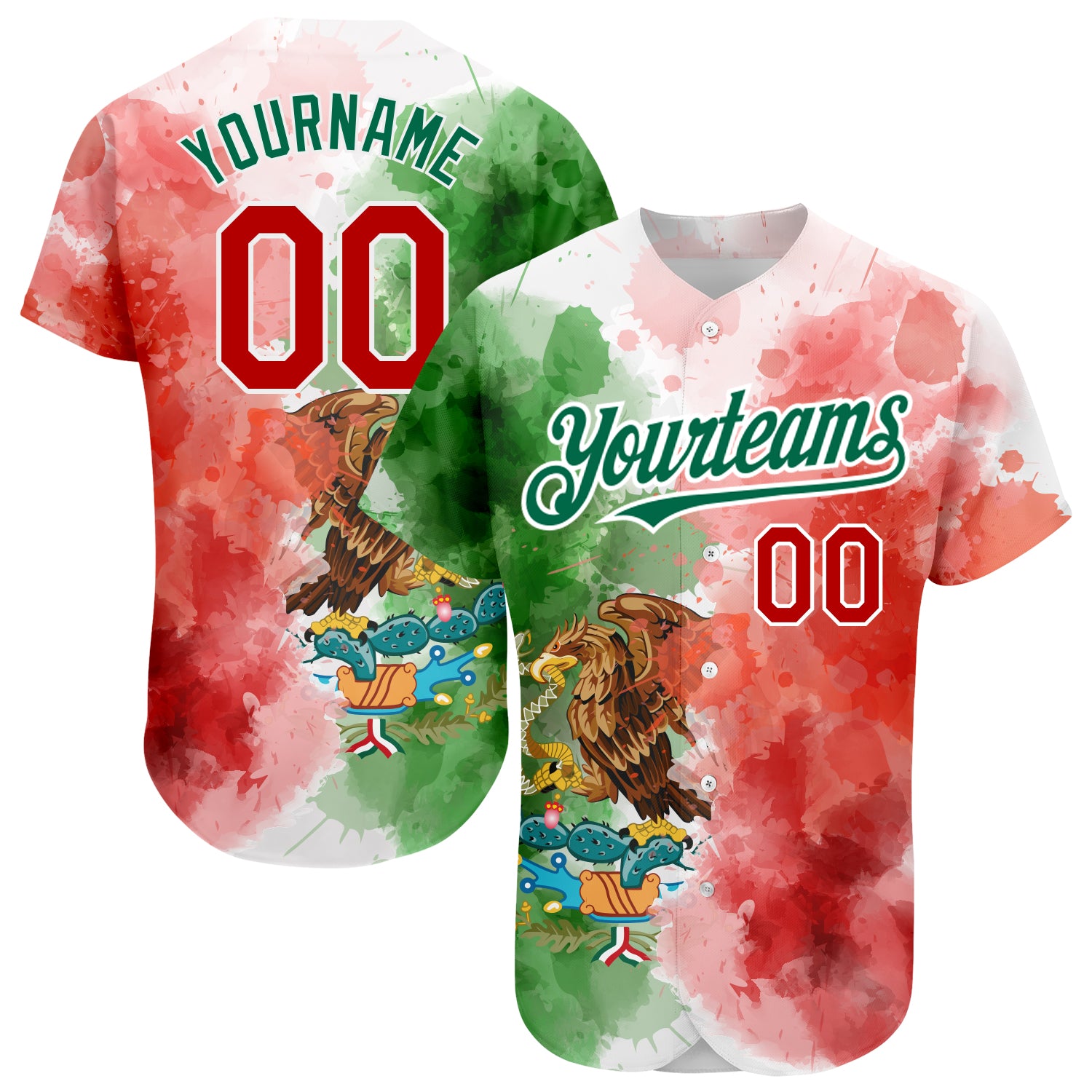 Custom Name and Number 3D Mexican Flag Baseball Jersey - Kelly Green Red-White Watercolor Splash Design Authentic Team Apparel
