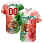 Personalized 3D Mexican Flag Baseball Jersey with Red-White Watercolor Grunge Design in Kelly Green Personalized Kelly Green
