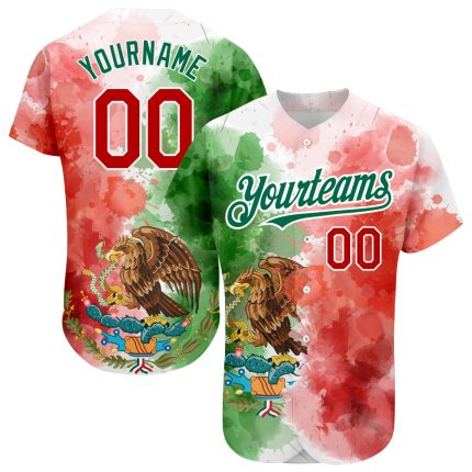 Personalized 3D Mexican Flag Baseball Jersey with Red-White Watercolor Grunge Design in Kelly Green Personalized Kelly Green