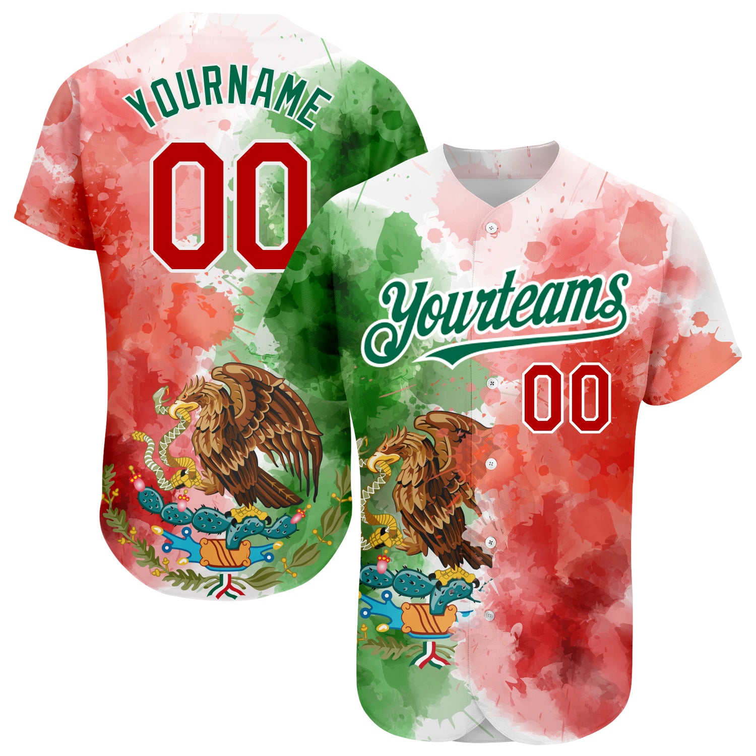 Personalized 3D Mexican Flag Baseball Jersey with Red-White Watercolor Grunge Design in Kelly Green Personalized Kelly Green