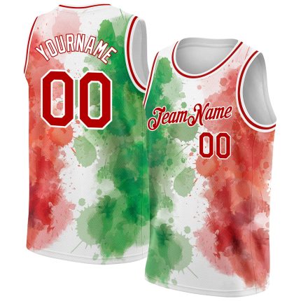 Custom Mexico Basketball Jersey with 3D Red-White Watercolored Design - Personalized Name and Number in Kelly Green Personalized