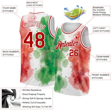 Custom Mexico Basketball Jersey with 3D Red-White Watercolored Design - Personalized Name and Number in Kelly Green Personalized